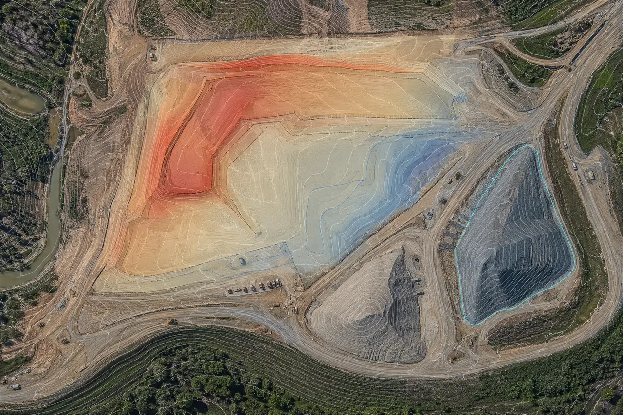 Demonstration visualization of earthwork surface comparison and a stockpile outline over site imagery