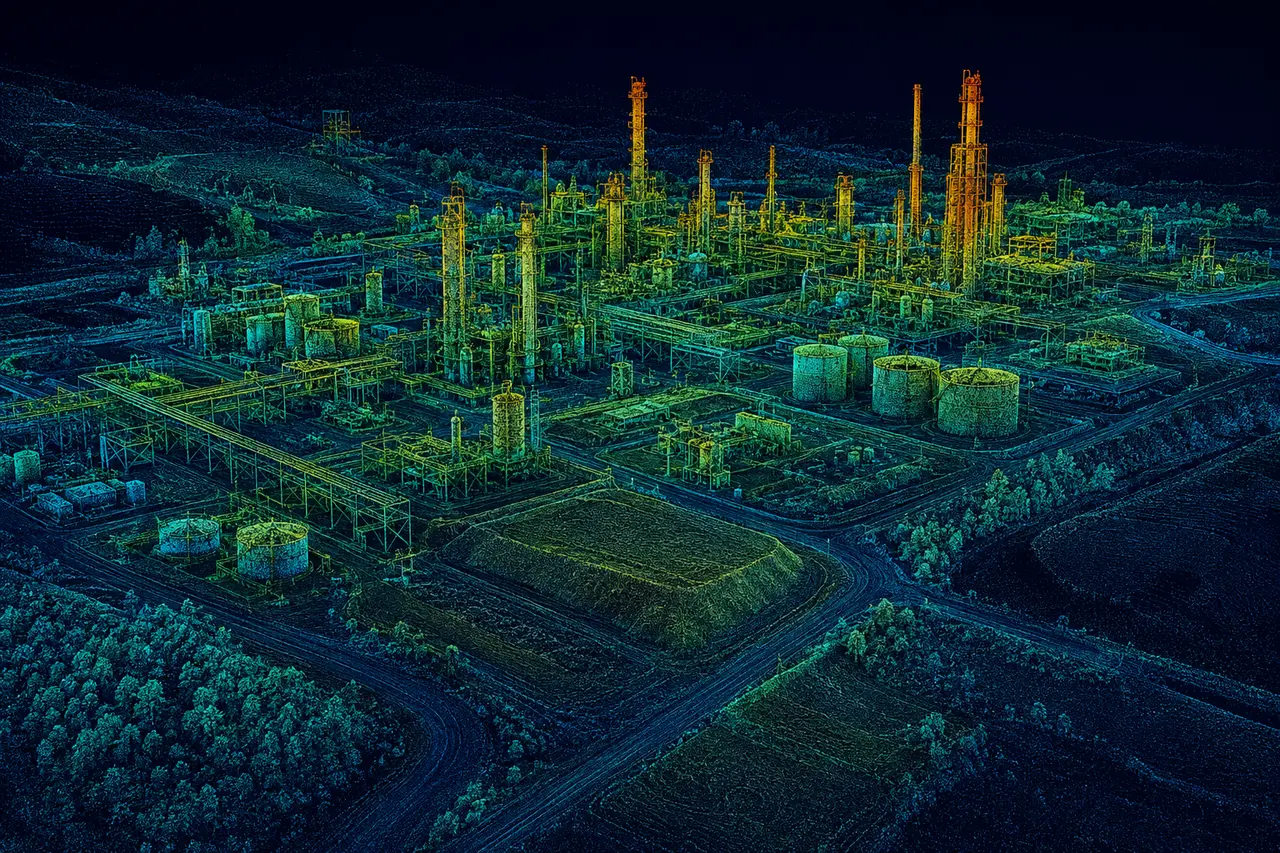 Colorized LiDAR point cloud showing an industrial facility and surrounding terrain