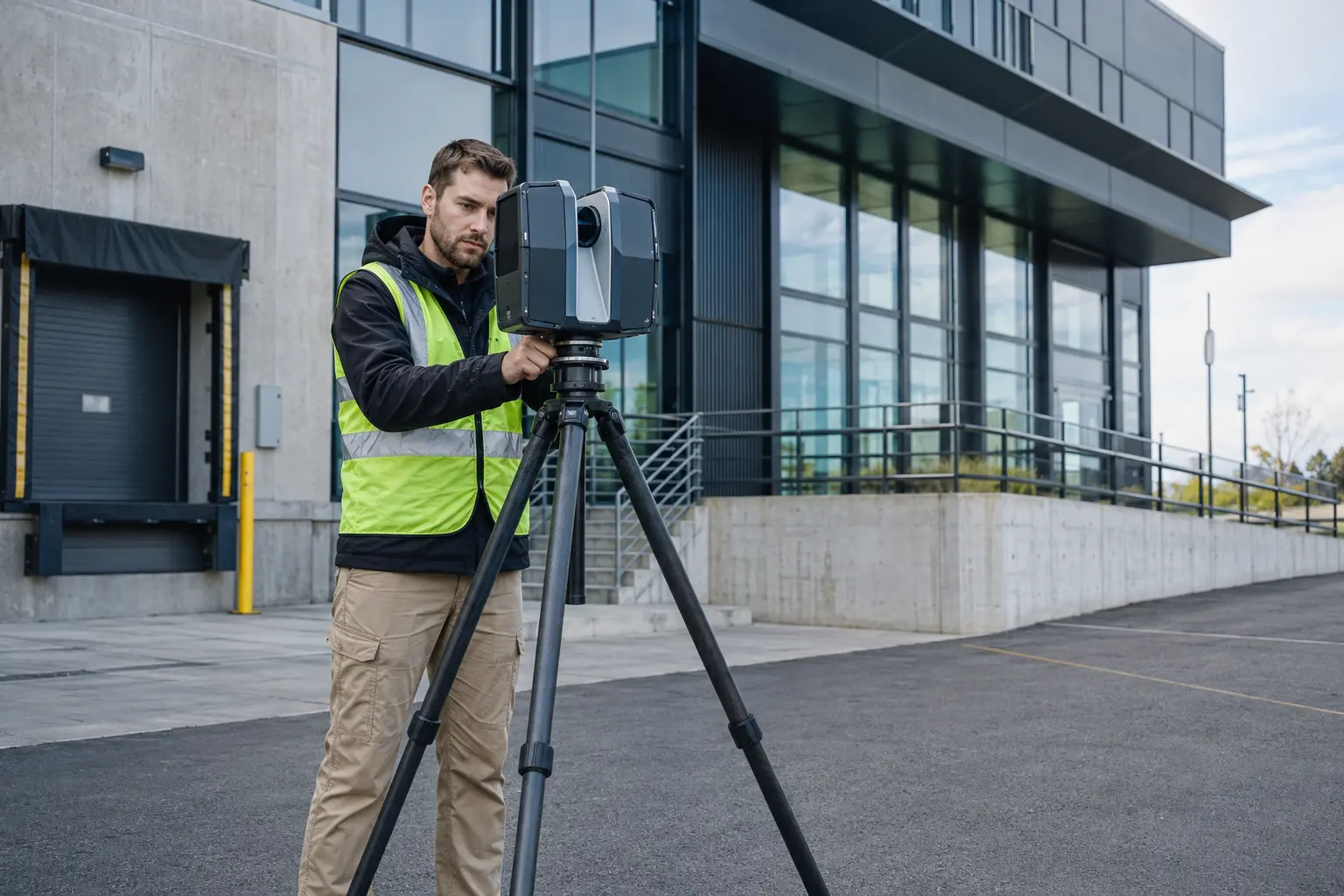 Field technician operating a terrestrial laser scanner at a commercial facility