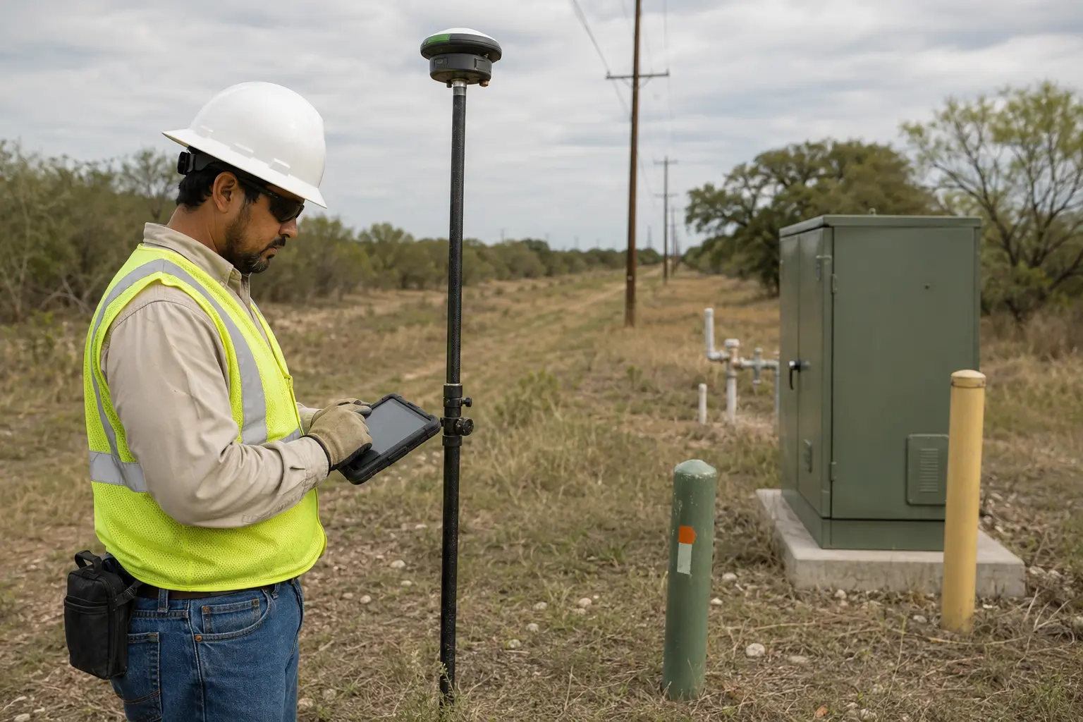 Field GIS technician documenting infrastructure assets with a rugged tablet