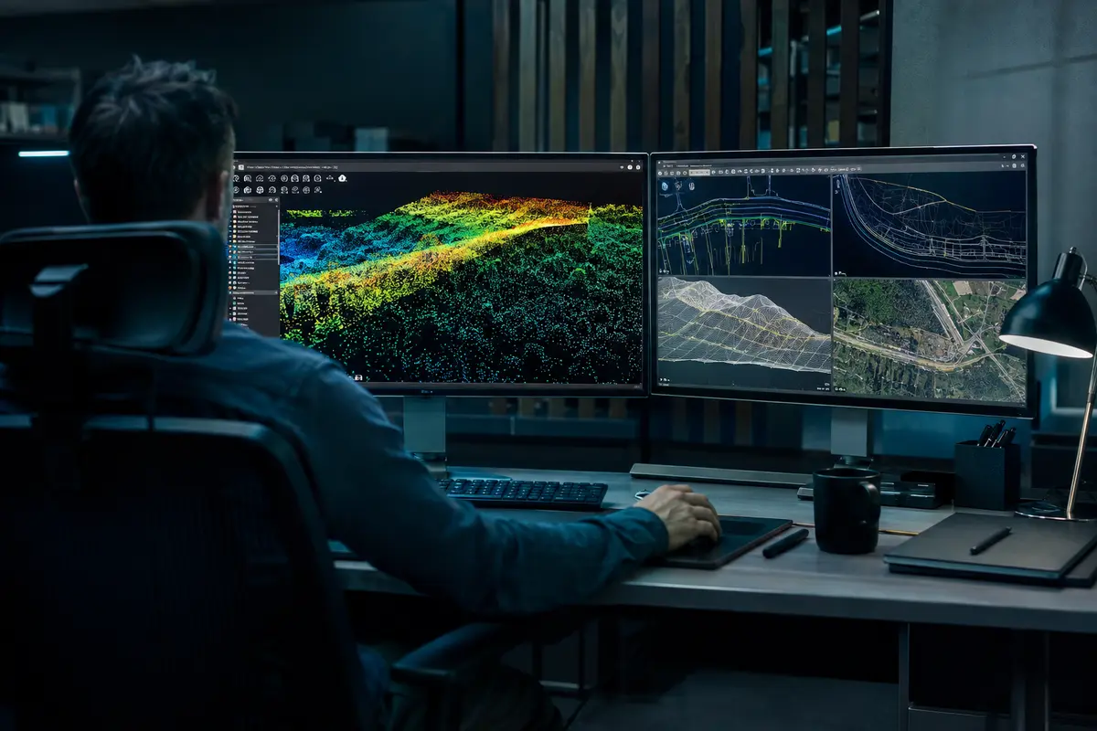 Geospatial production workstation processing terrain and point-cloud data